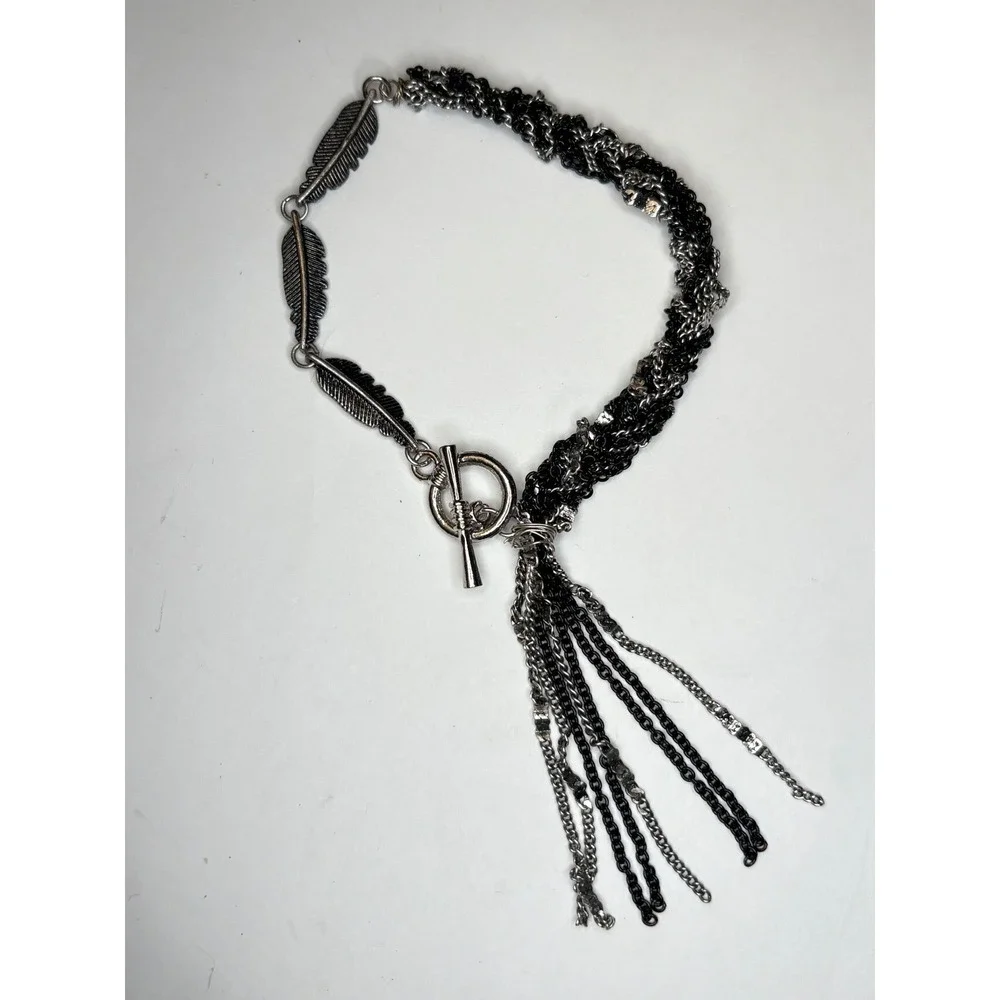 Mixed Metal Feather Tassel Bracelet Silver Black Multi Strand Toggle Clasp 6.75